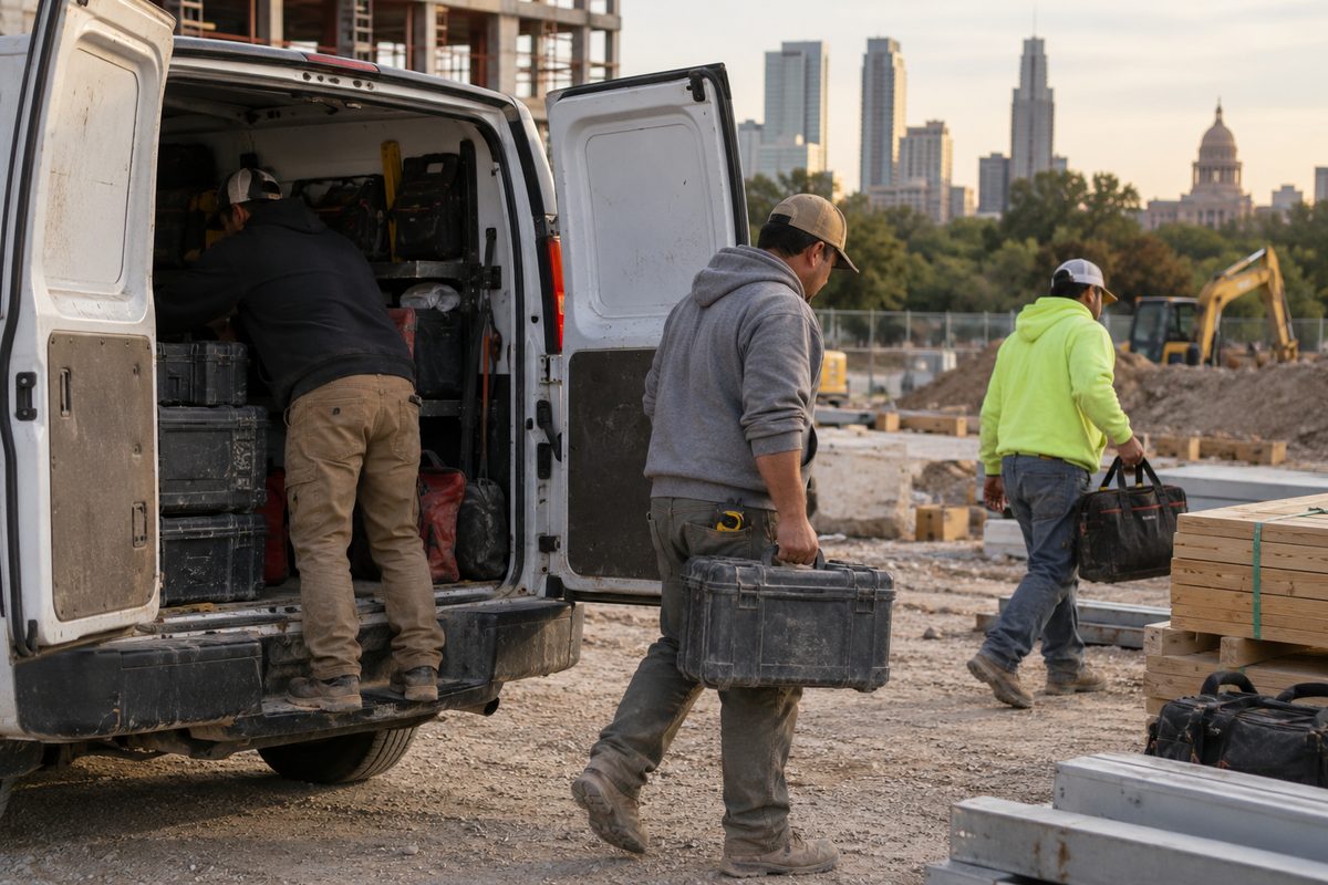 Construction crew loading component cases beside a work van