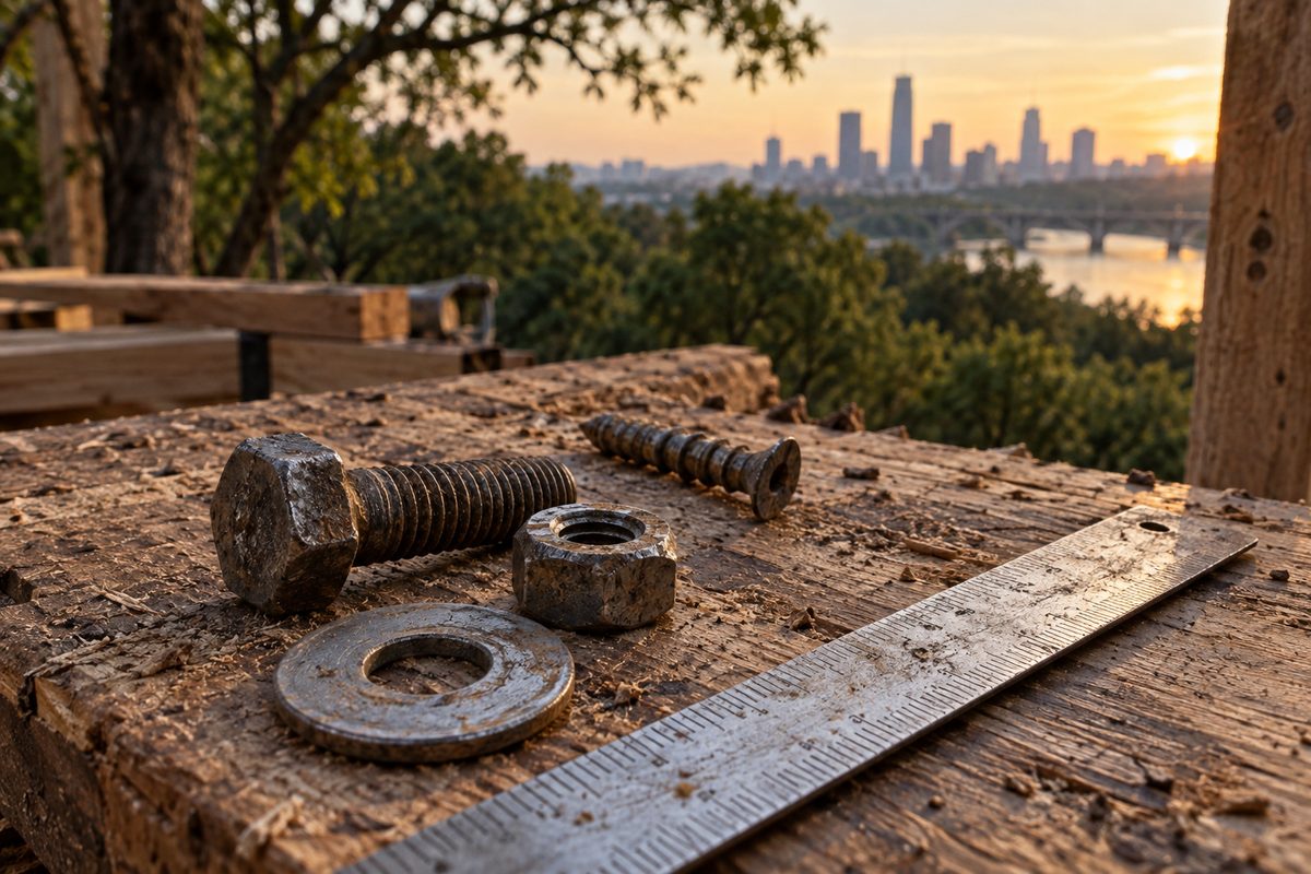 Worn fasteners and a steel rule on scarred timber